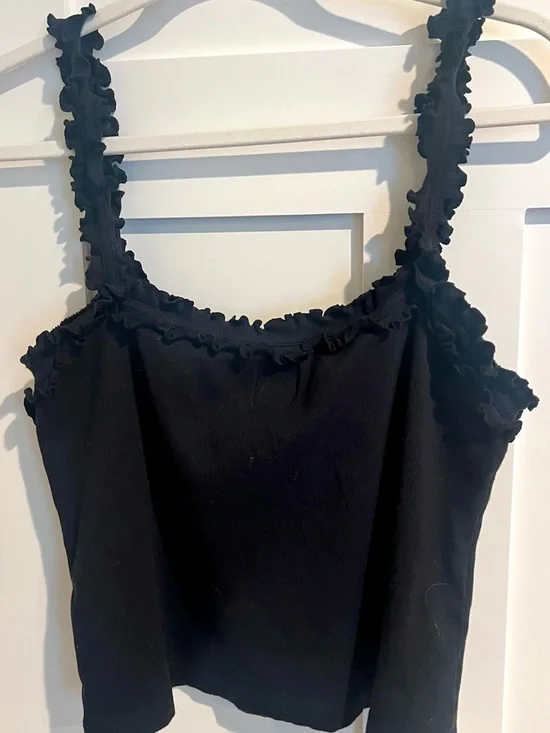 👉 Anthro Maeve Dorrie Ruffle Tank XL Black Ribbed Cami Top Feminine - Picture 6 of 6